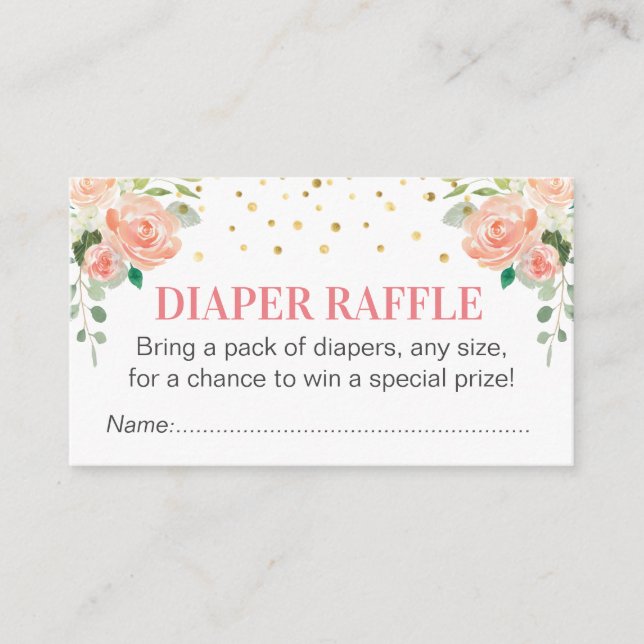 Peach Peony Diaper Raffle Biljett Girl Baby Shower Tilläggskort (Framsida)