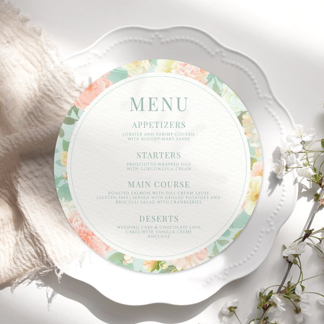 Peach Peony Flowers Mint Bröllop Round Flat Menu Meny (Skapare uppladdad)