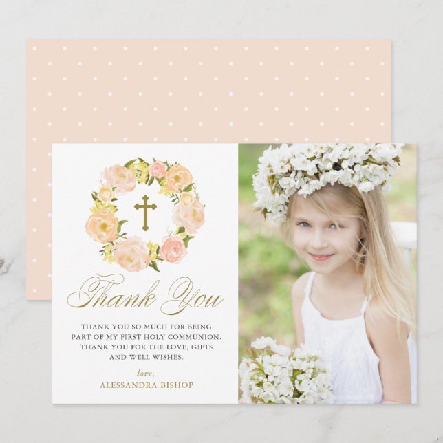 Peach Peony WAN First Heliga Communion Photo Tack Kort (Fram/baksida)