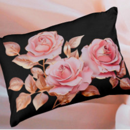 Peach Pink Gold Roses on Black Prydnadskudde