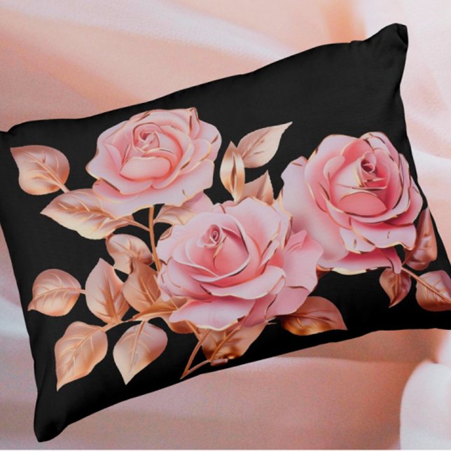 Peach Pink Gold Roses on Black Prydnadskudde (Peach pink gold vintage roses on black background.)