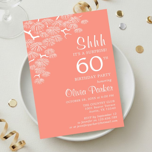 Peach Pink Pine Branch Surprise 60th Birthday Inbjudningar (Skapare uppladdad)