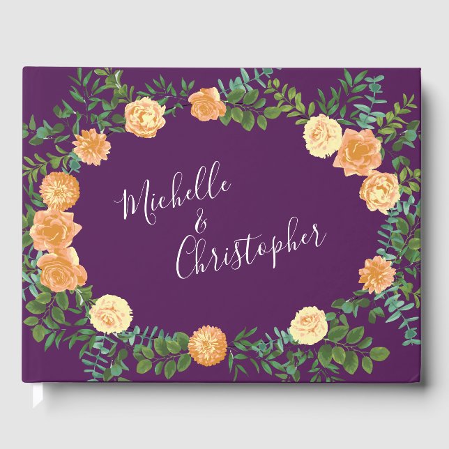 Peach & Plum Lila Peony & Ro Blommigt Bröllop Gästböcker (Framsida)