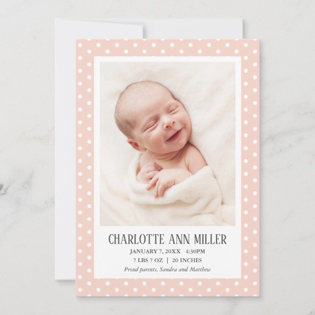 Peach Polka Dot Baby Birth Announement Photo Card Meddelande (Framsida)