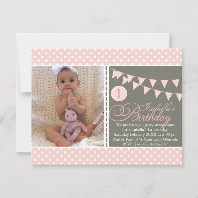 Peach Polka Dot Bunting First Birthday Inbjudan (Framsida)