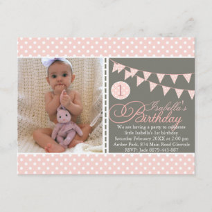Peach Polka Dot Bunting First Birthday Inbjudan