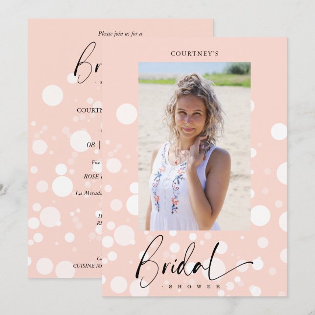 Peach Polka Dot Custom Photo Bridal Shower Inbjudningar (Fram/baksida)