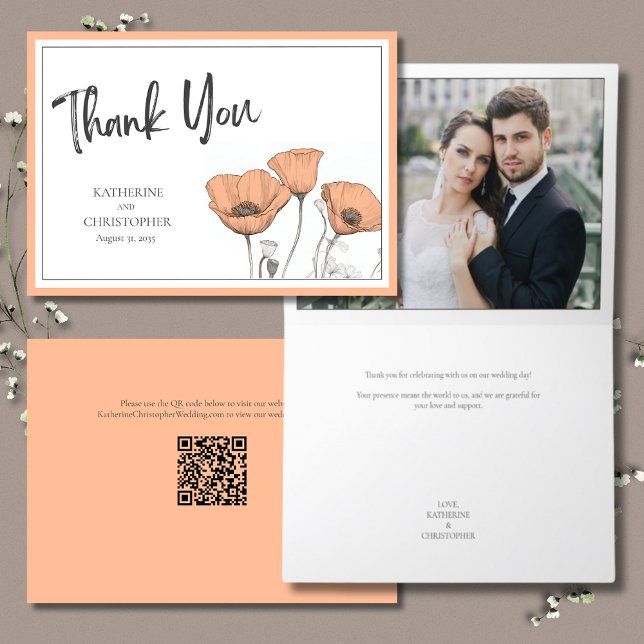 Peach Poppies Blommigt Elegant bröllop Photo Tack Kort (Peach Poppies Floral Wedding Photo Thank You Card with QR Code for wedding photos.)