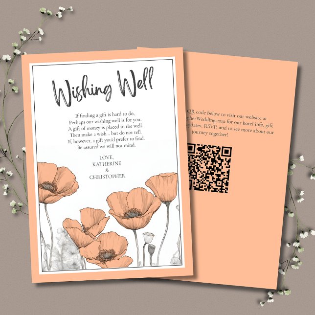 Peach Poppies Blommigt Elegant bröllop Wishing-bru Tilläggskort (Peach Floral Wishing Well Enclosure Card with California Poppies and Modern Typography.)