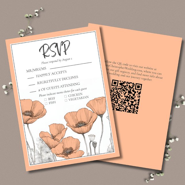 Peach Poppies Blommigt Elegant Modern Bröllop OSA Kort (Peach Poppies Elegant Wedding RSVP with menu options and QR code for your wedding website.)
