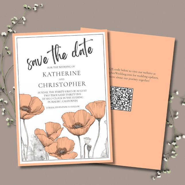Peach Poppies Blommigt Modern Elegant bröllop Spara Datumet (Peach Poppies Elegant Save the Date Card with QR Code for Wedding Website.)