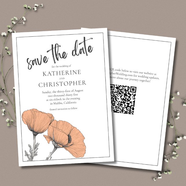 Peach Poppies Elegant Blommigt Bröllop QR-kod Spara Datumet (Peach Poppies Save theDate cards coordinate with the Peach Poppies Elegant Wedding Invitation Suite.)