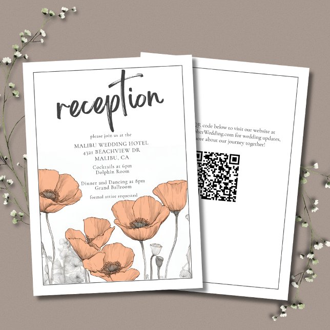 Peach Poppies Elegant Blommigt Bröllopsmottagning Tilläggskort (Peach Poppies Wedding Reception Enclosure Card with QR Code for Wedding Website.)
