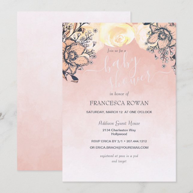 Peach Poppy + Ro Baby Shower Inbjudningar (Fram/baksida)