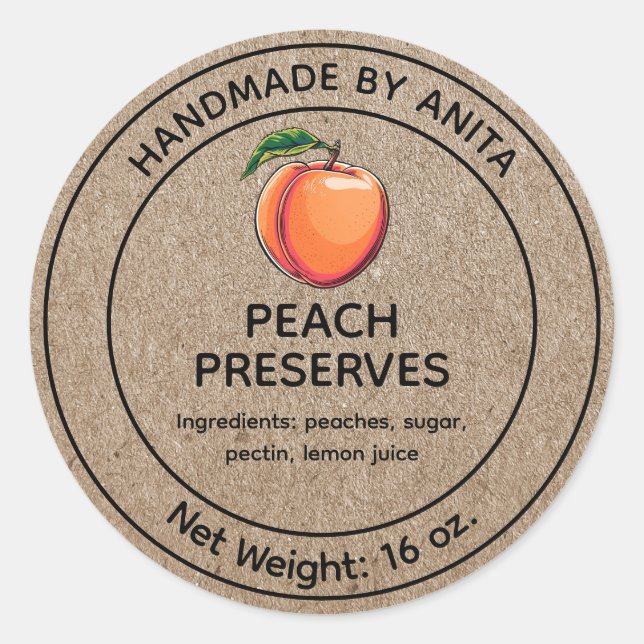 Peach Preserve Jelly Sylt Burk etikett Kraft Stil (Framsida)