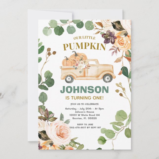 Peach Pumpkin Lastbil Party fyller första födelsed Inbjudningar (Framsida)