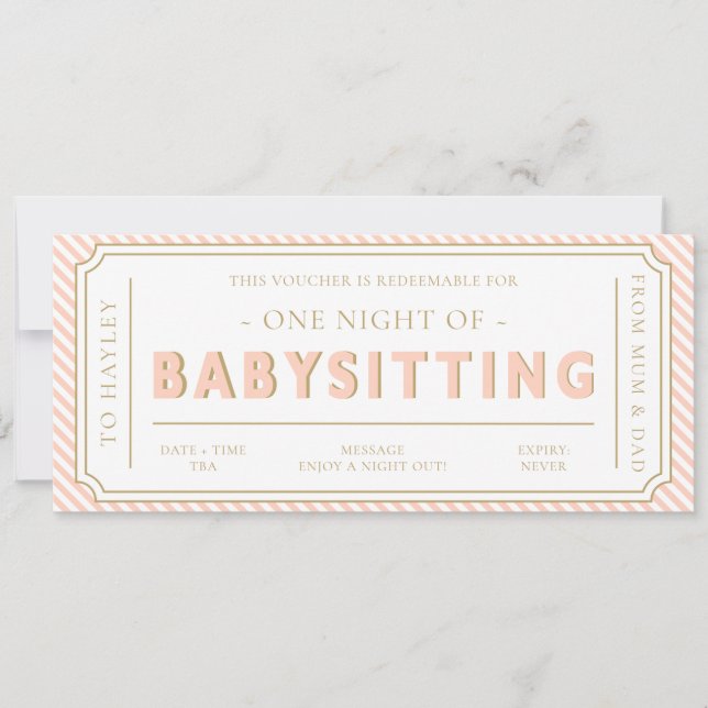 Peach Rand Babysit Gift Voucher-kort Inbjudningar (Framsida)