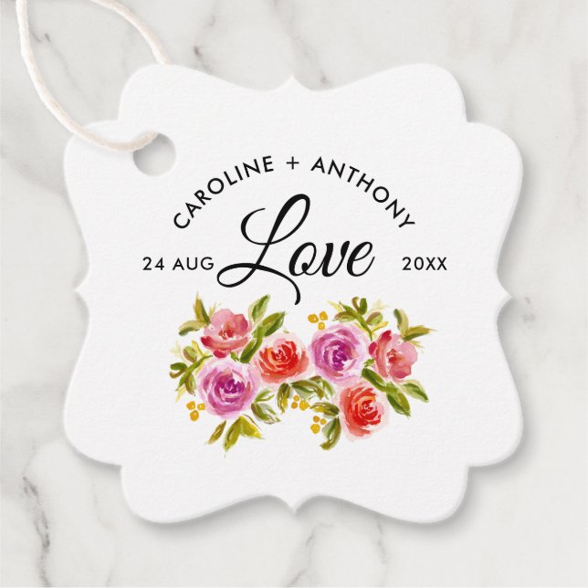 Peach Red Blommigt Watercolor Bröllop Tack Gåvor Etiketter (Framsida)