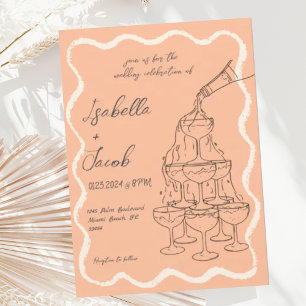 Peach Retro Champagne Torn Hand plockade Bröllop Inbjudningar