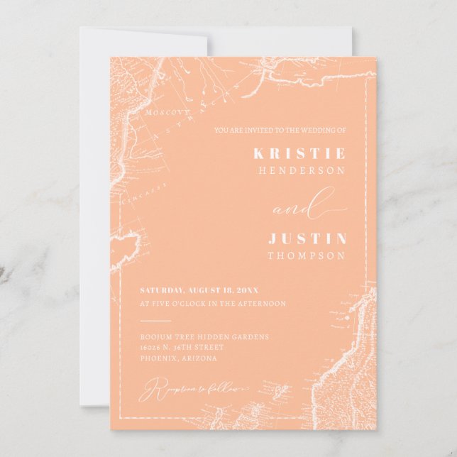 Peach Retro Travel QR-kodfoto Bröllop Inbjudningar (Framsida)