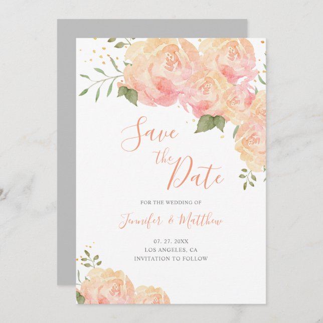 Peach Ro Blommigt Bröllop spara datum-kort Spara Datumet (Fram/baksida)