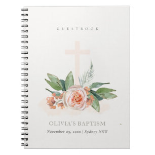 Peach Ro Blommigt Kor Bunch Baptism Guestbook Anteckningsbok