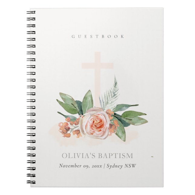 Peach Ro Blommigt Kor Bunch Baptism Guestbook Anteckningsbok (Framsidan)