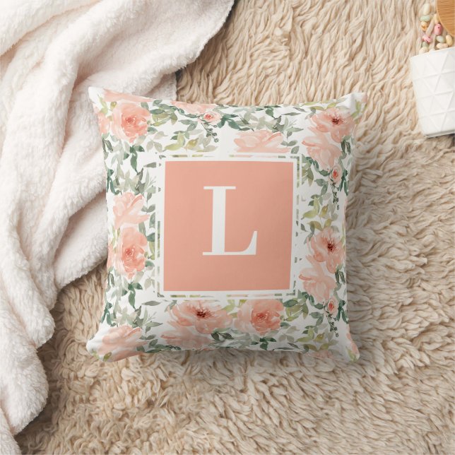 Peach Ro Blommigt Monogram Kudde (Filt)