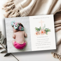 Peach Ro Blommigt Photo Godparent Frieri Inbjudan