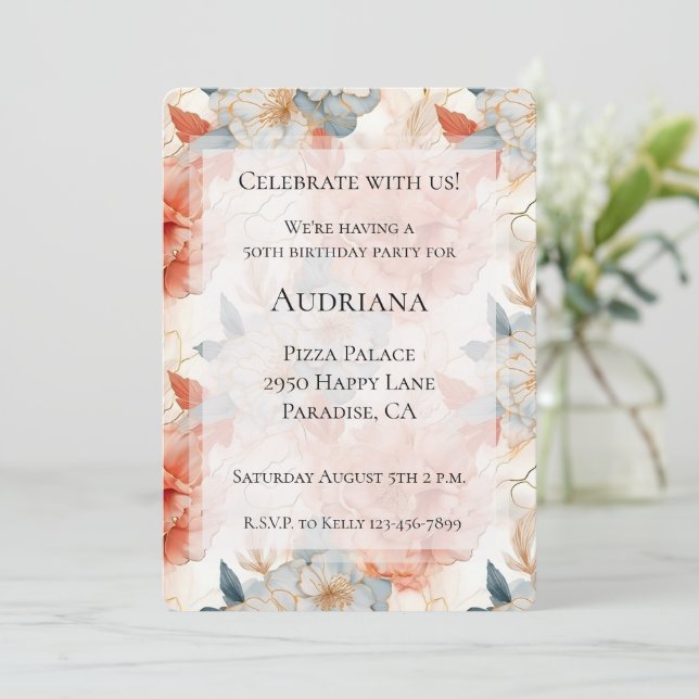 Peach Ro Blue Blommigt Vit marble Birthday Inbjudningar (Stående Fram)