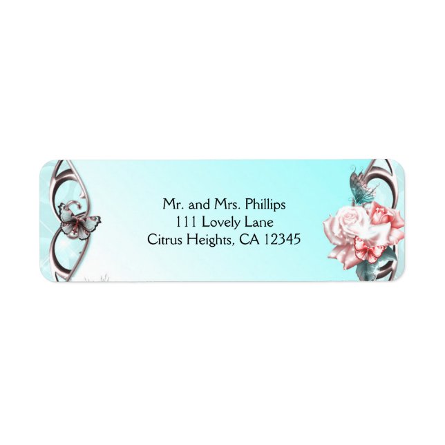 Peach Ro & Butterflies Födelsedagsfest Gnistra Returadress Etikett (Framsidan)