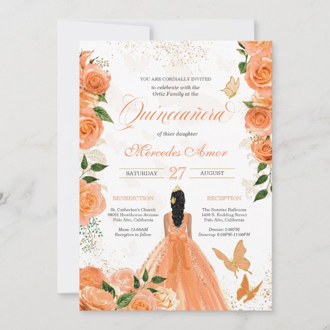 Peach Ro Butterflies Mariposa Quinceanera Inbjudningar (Framsida)