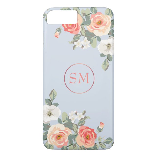 Peach Ro Dusty Blue Blommigt Monogram Case-Mate iPhone Skal (Baksida)