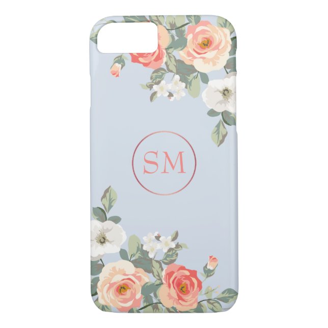 Peach Ro Dusty Blue Blommigt Monogram Case-Mate iPhone Skal (Baksida)