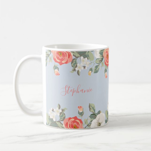 Peach Ro Dusty Blue Blommigt Personlig Kaffemugg (Vänster)