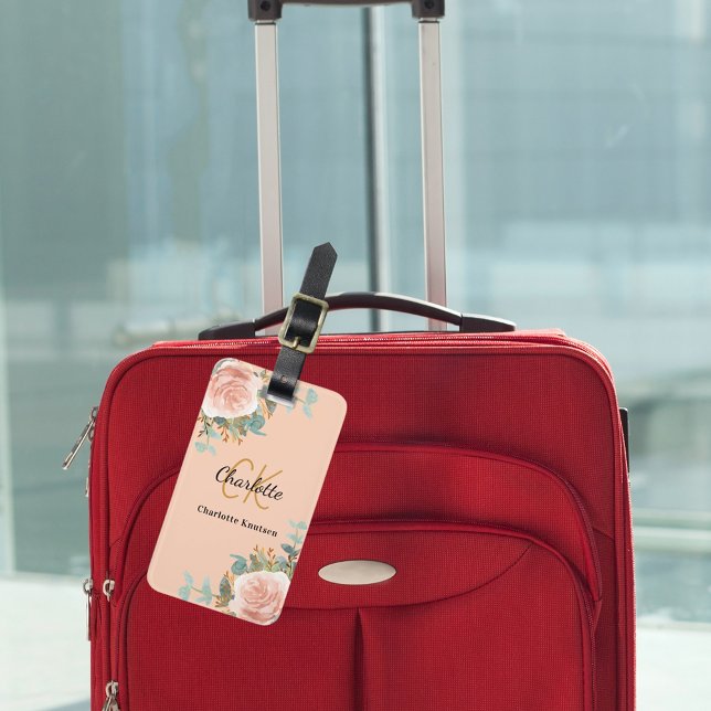 Peach ro guld blommigts monogram elegant bagagebricka (Skapare uppladdad)