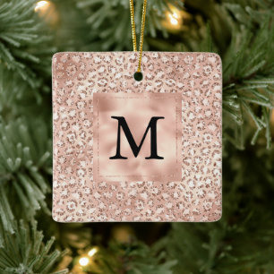 Peach Ro Guld Rosa Glitz Leopard Monogram Julgransprydnad Keramik
