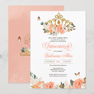 Peach Ro Guld Tiara Butterfly Elegant Quince Inbjudningar