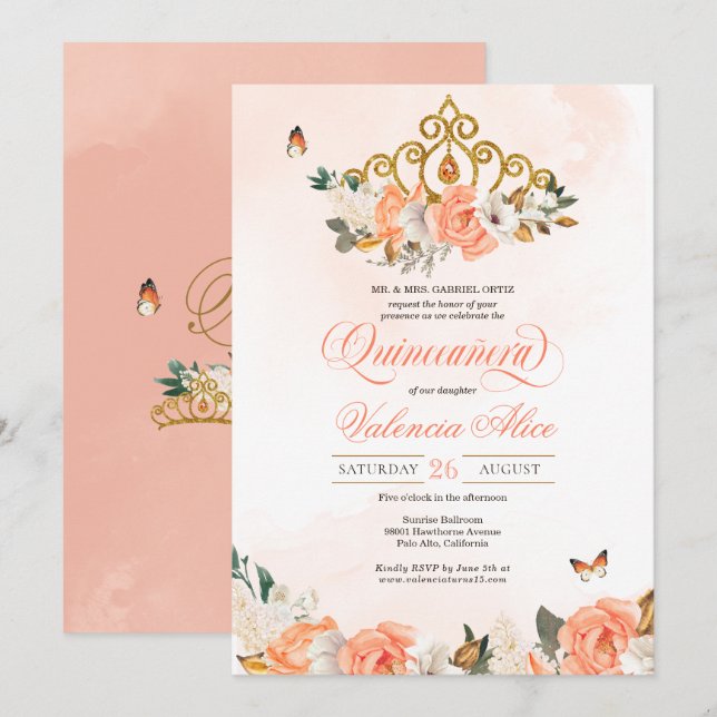 Peach Ro Guld Tiara Butterfly Quinceanera Inbjudningar (Fram/baksida)