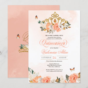 Peach Ro Guld Tiara Butterfly Quinceanera Inbjudningar