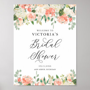 Peach Ro och Hydrangeas Möhippa Välkommen Poster