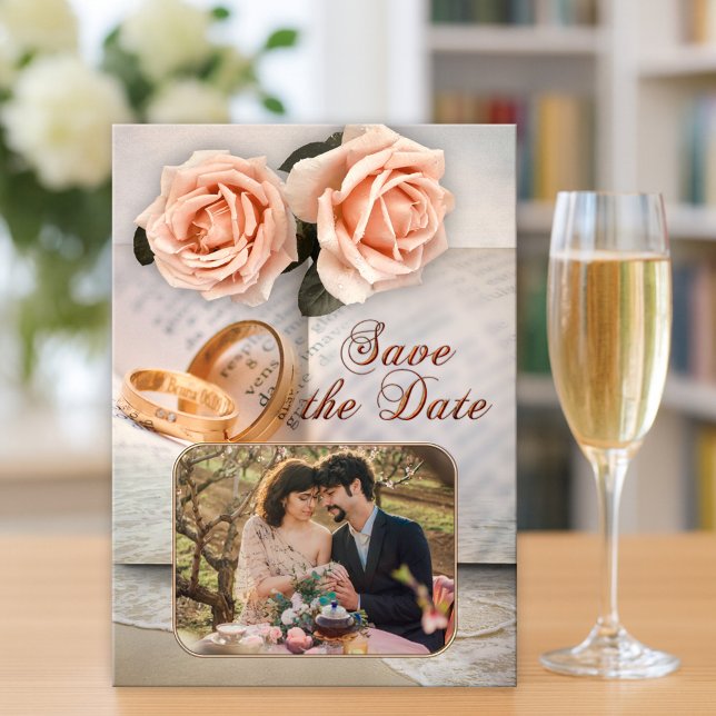 Peach Ro Photo Bok Älskare Spara datumkortet Datumet (Save the Date card featuring your photo framed by a book design with peach roses and wedding rings)