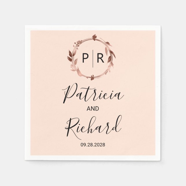 Peach Ro ro guld foil Monogram Bröllop Napkins Pappersservett (Framsidan)
