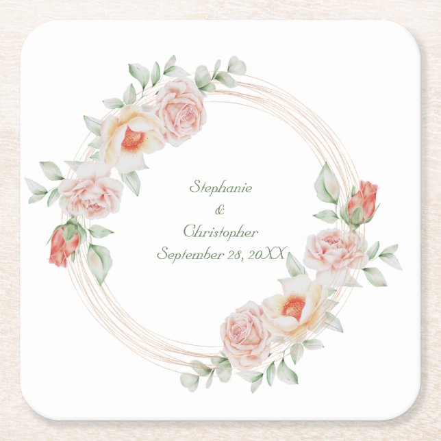 Peach Ro Rosa Grönt Blommigt Guld Ram Bröllop Underlägg Papper Kvadrat (Framsidan)