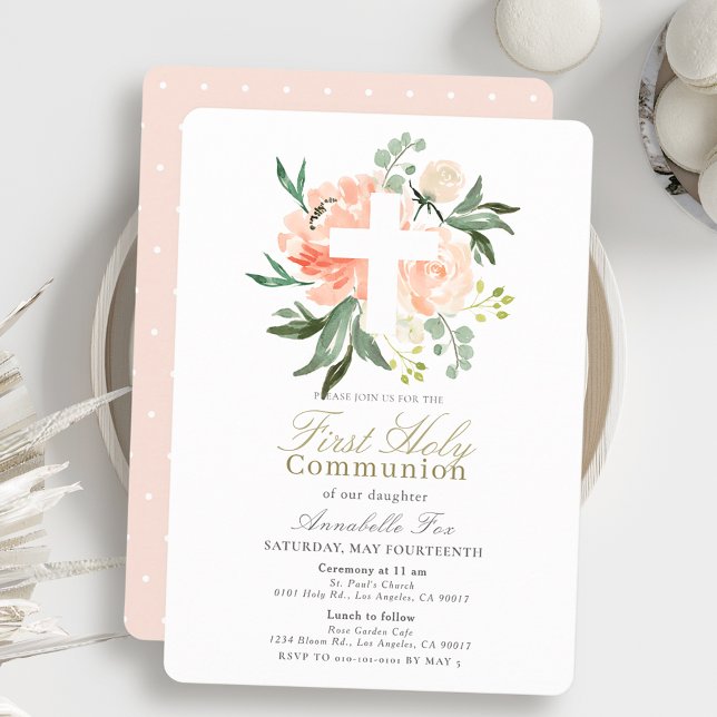 Peach Ro White Kor Girl First Heliga Communion Inbjudningar (Skapare uppladdad)