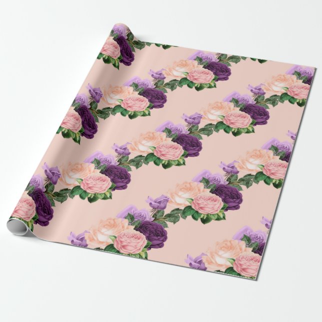 Peach Rosa and Lavender Lila Blommigt Presentpapper (Utrullad)