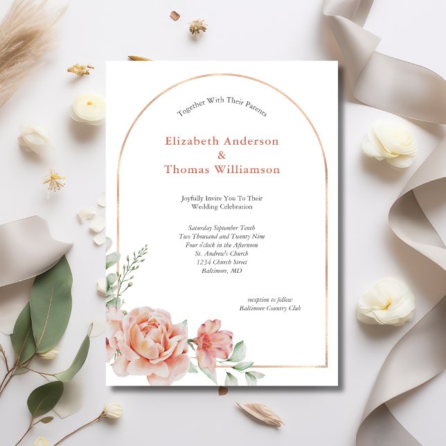 Peach Rosa Blommigt Arch Gräns Elegant bröllop Inbjudningar (Peach Floral Rose Gold Arch Watercolor Greenery Wedding Invitation Elegant Modern)