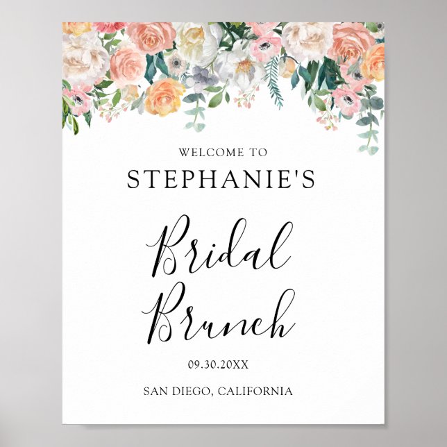 Peach Rosa Blommigt Möhippa Brunch Poster (Framsidan)