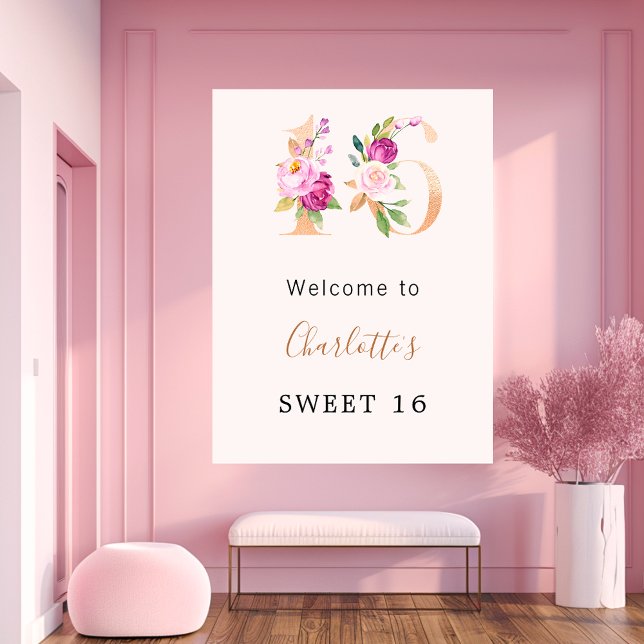 Peach rosa blommigt nummer Söt 16 Välkomna Poster (Skapare uppladdad)