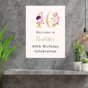 Peach rosa blommigts nummer 40 födelsedagsvälkomst poster